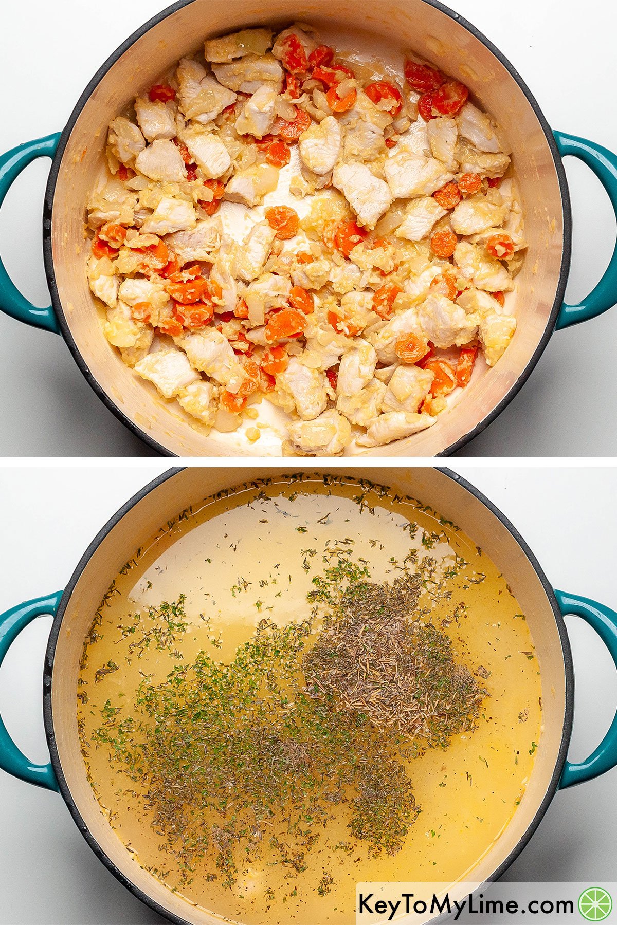 Adding chicken broth and dried herbs to a Dutch oven.