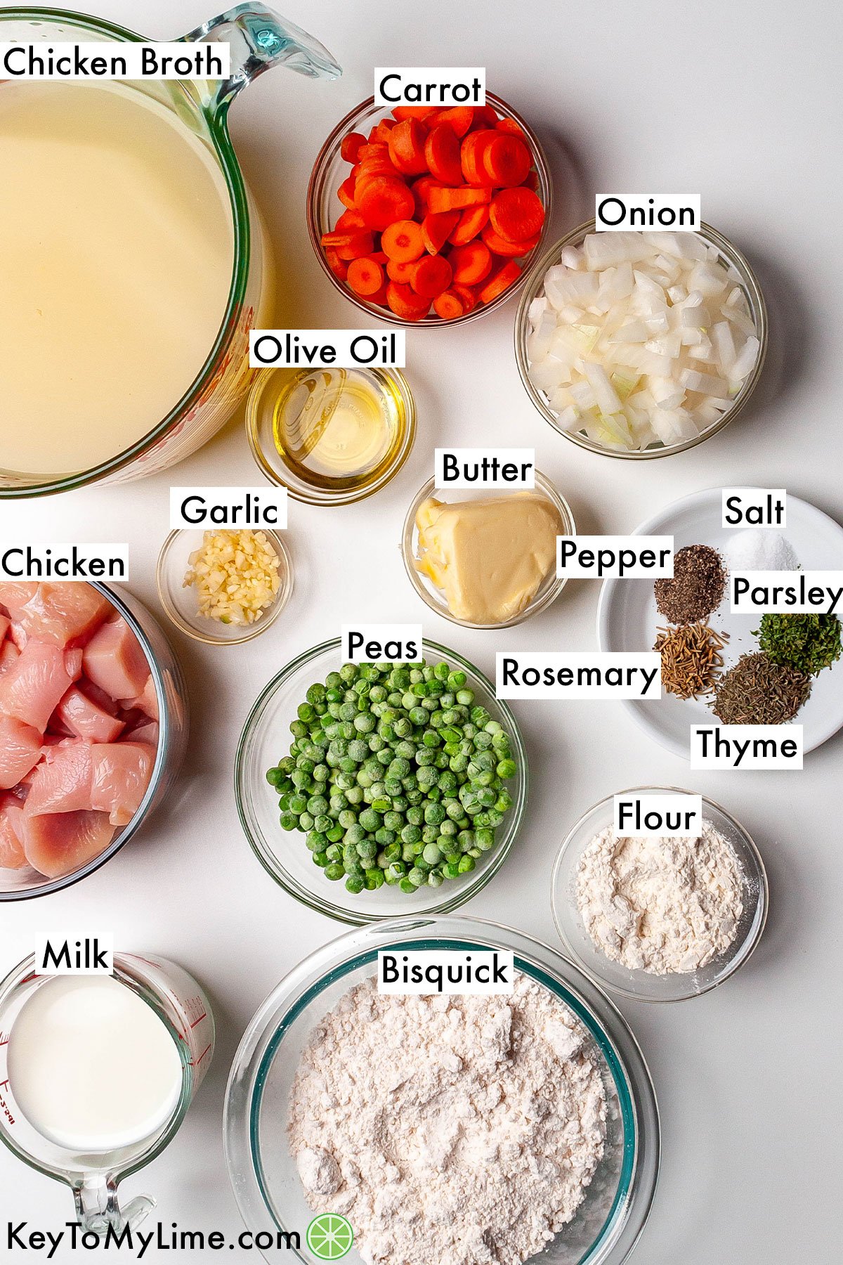 The labeled ingredients for Bisquick chicken and dumplings.
