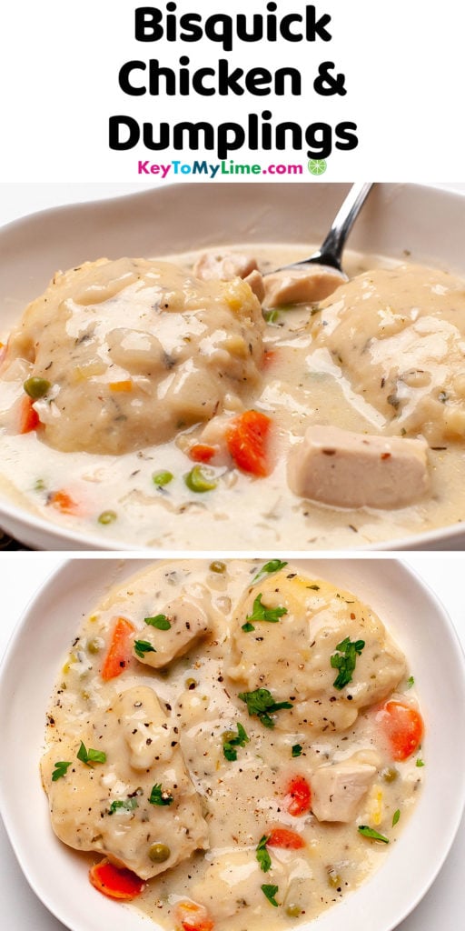 A Pinterest pin image of Bisquick chicken and dumplings with title text at the top.