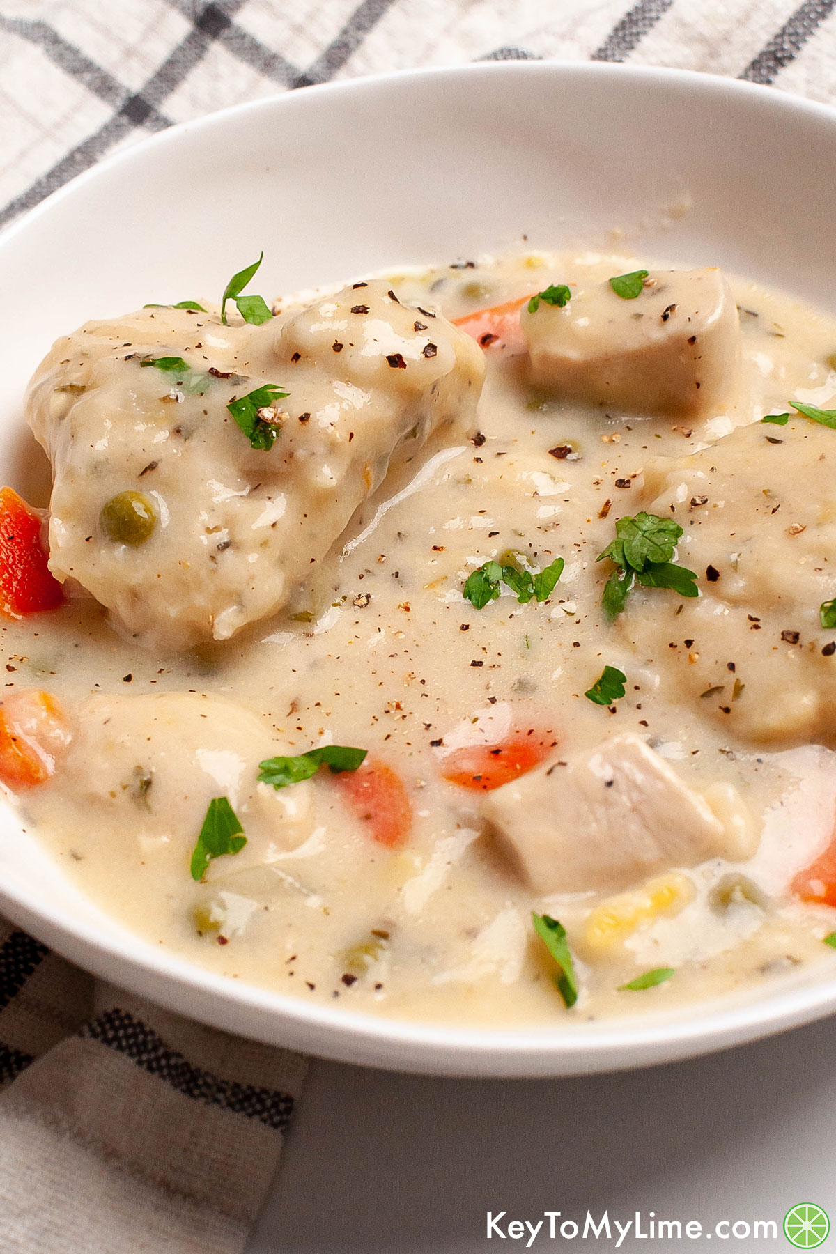 A side image of a bowl of Bisquick chicken and dumplings on a plaid napkin.