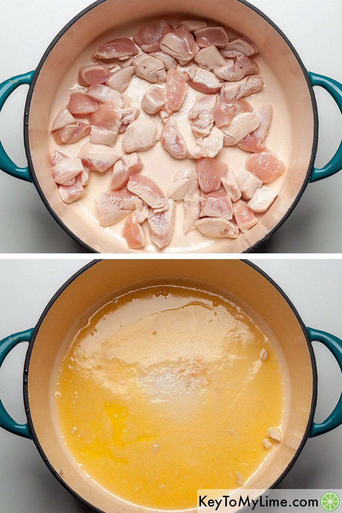 Sauteing cubes of chicken breast, then melting butter in a Dutch oven.