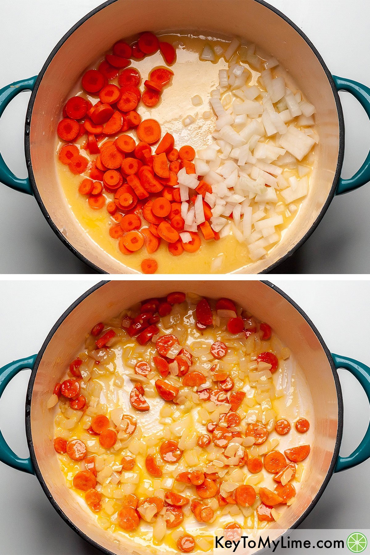 Sauting sliced carrots and chopped onion in butter.