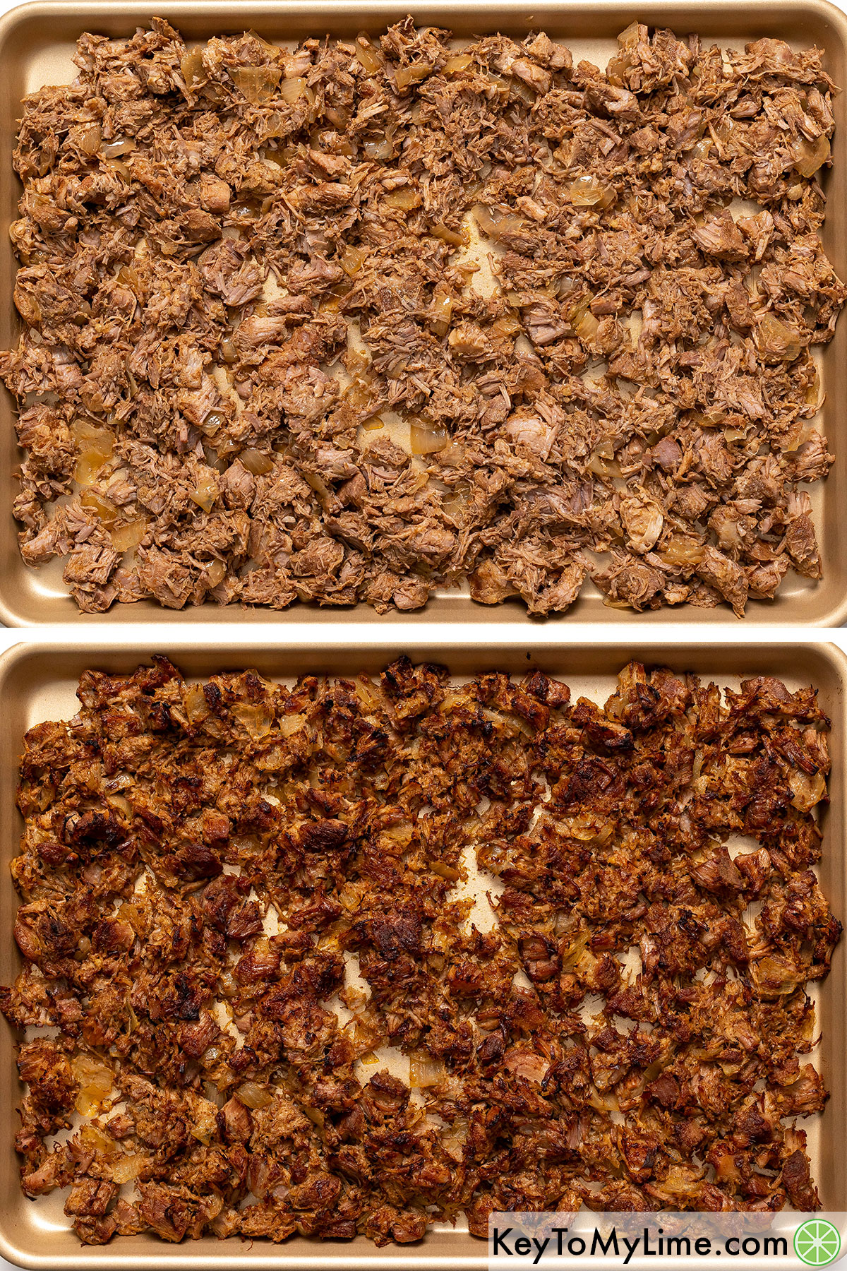 Shredded carnitas on a baking sheet shown before and after broiling to make it crispy.