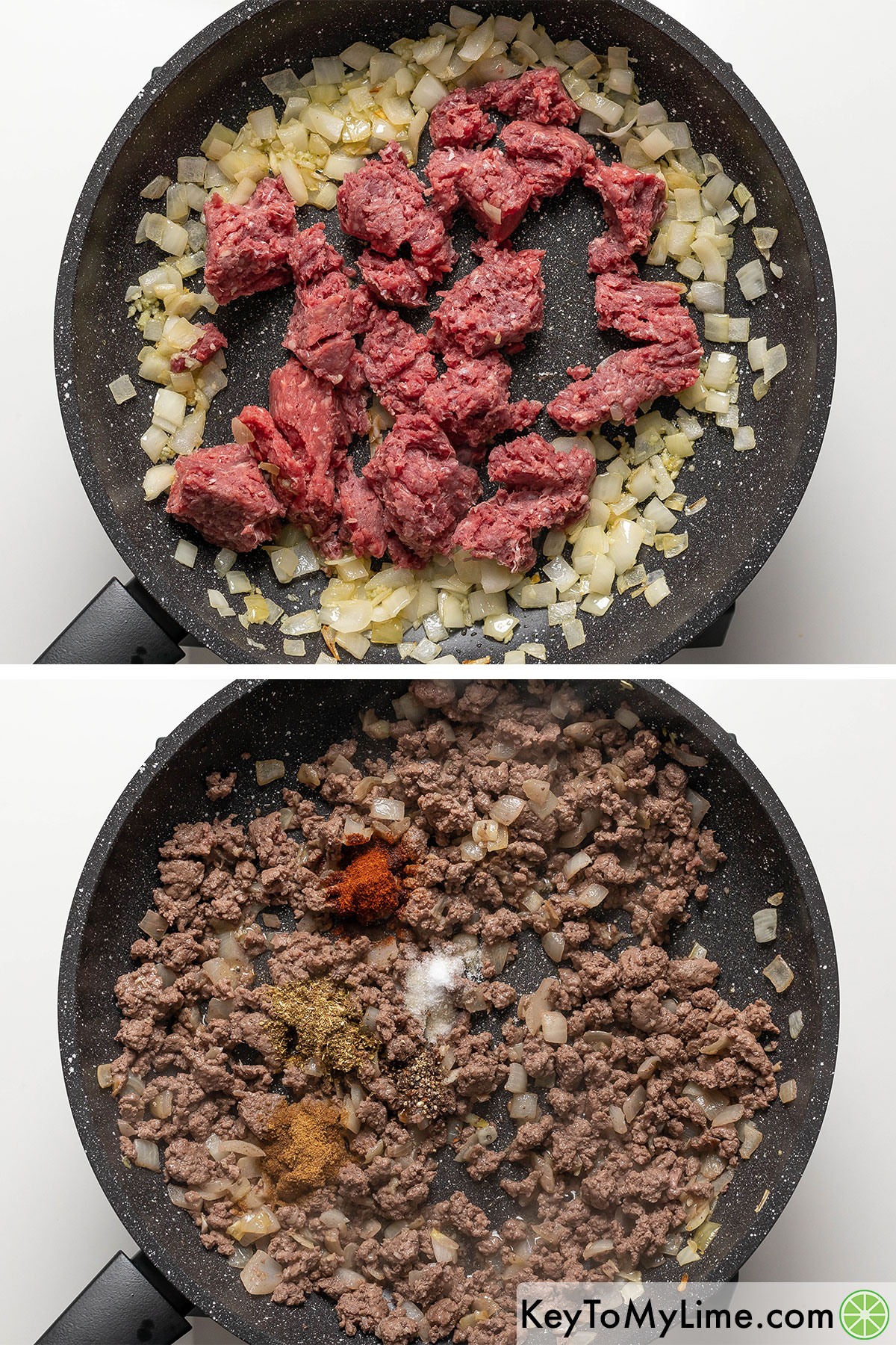 Browning ground beef in a skillet with spices.