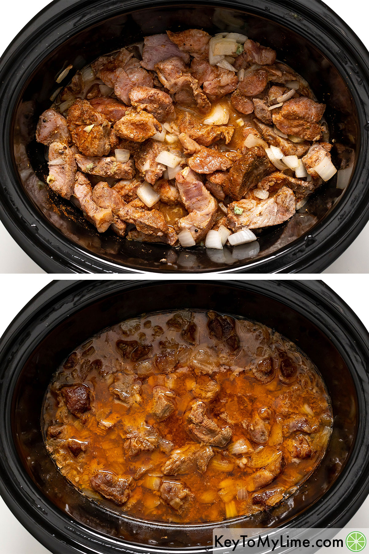 Crockpot carnitas halfway through cooking time, and then after it's fully cooked.