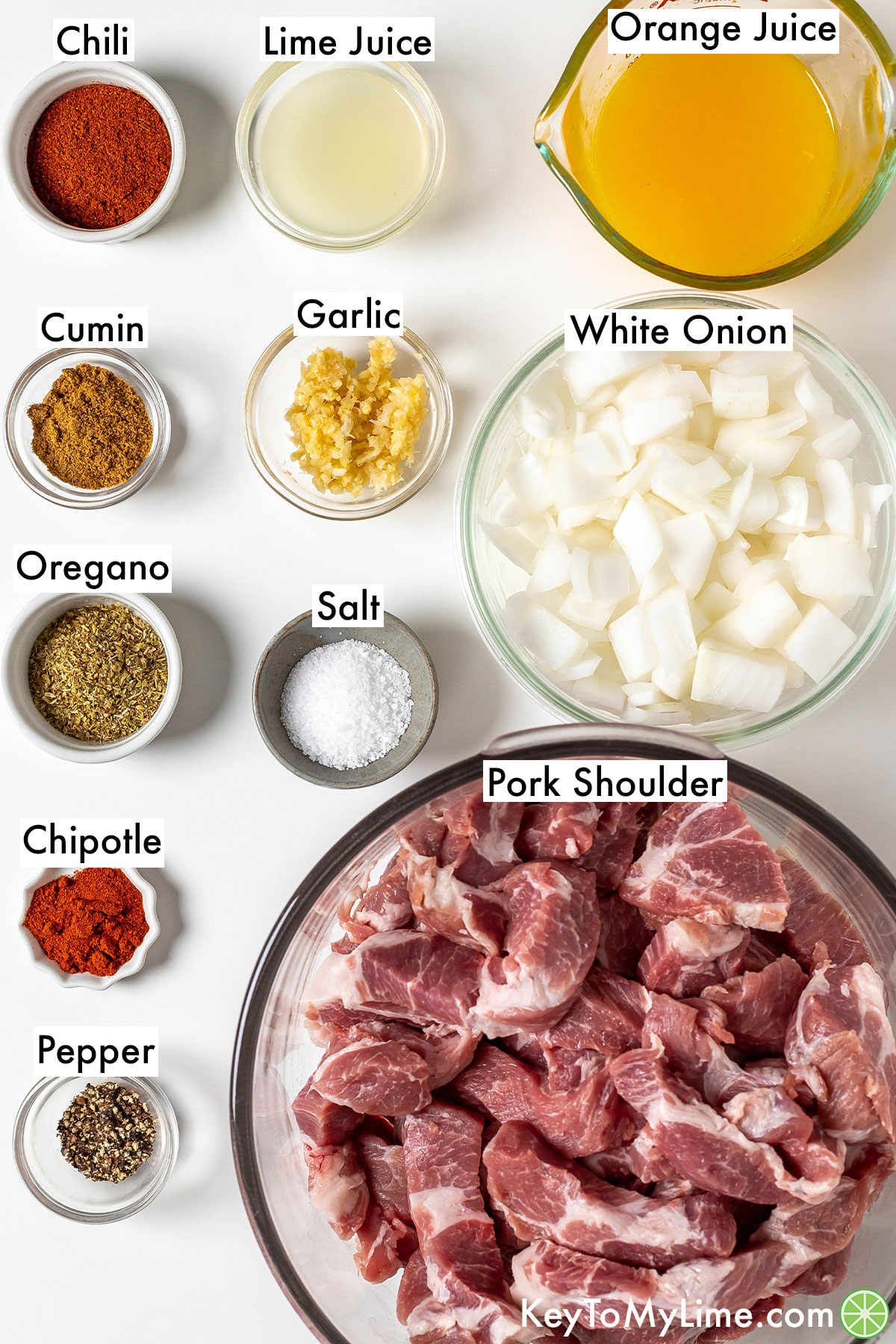 The labeled ingredients for slow cooker carnitas.