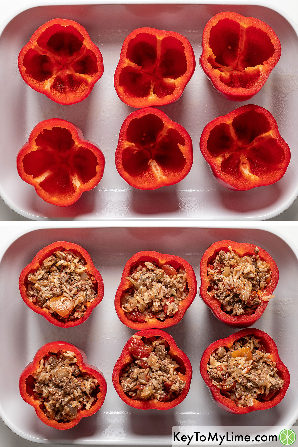 Filling red pell peppers with a ground beef and rice mixture.