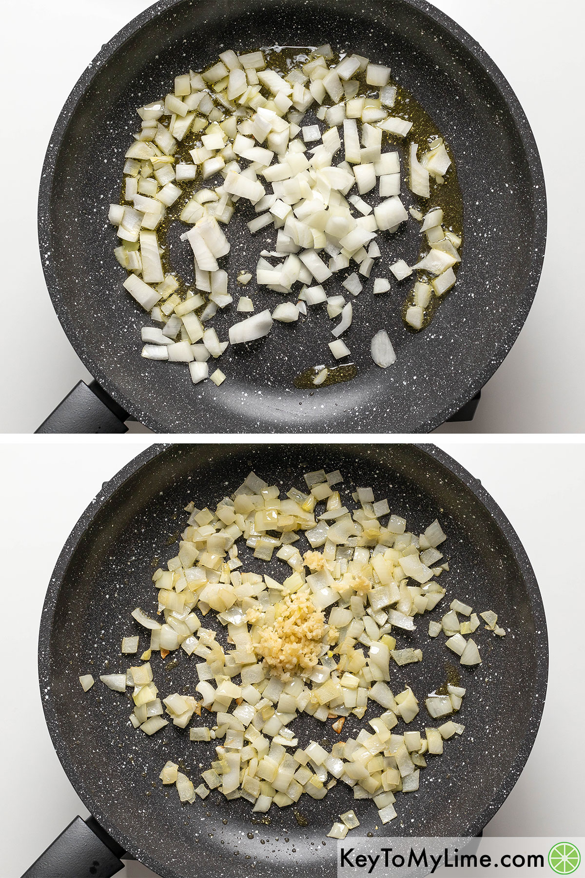 Sauteing onions and garlic in a black skillet.
