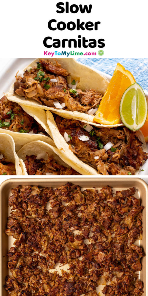 A Pinterest pin image of slow cooker carnitas, with title text at the top.