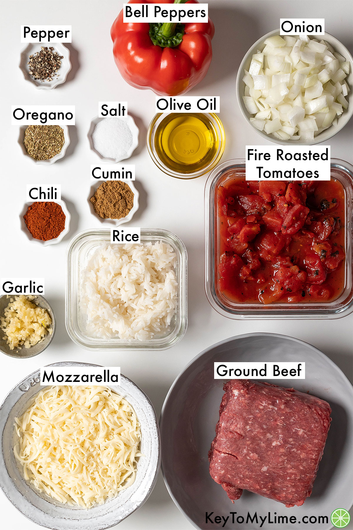 The labeled ingredients for stuffed peppers.