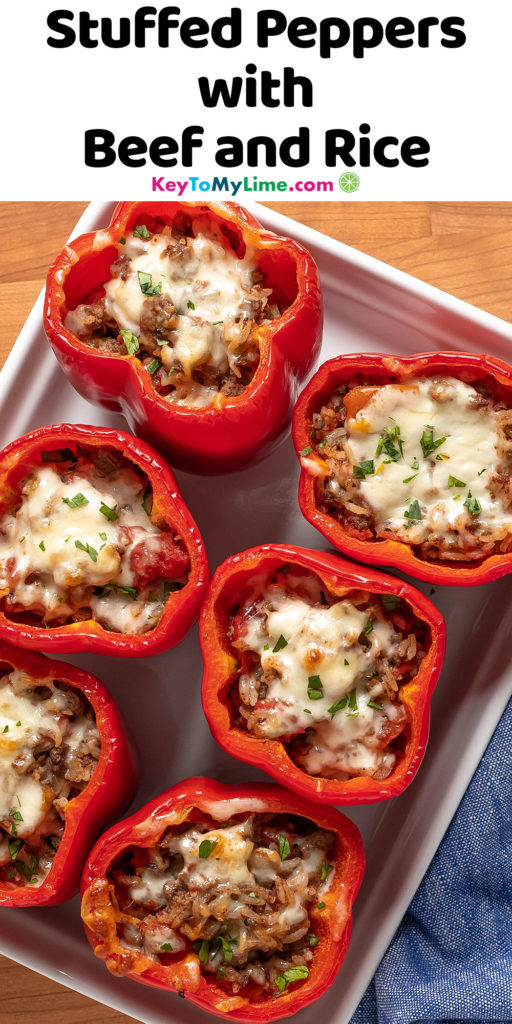A Pinterest pin image of stuffed peppers with ground beef with title text at the top.
