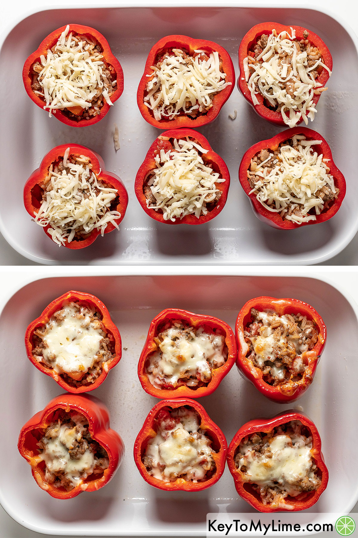 Stuffed peppers topped with shredded cheese, shown before and after baking.