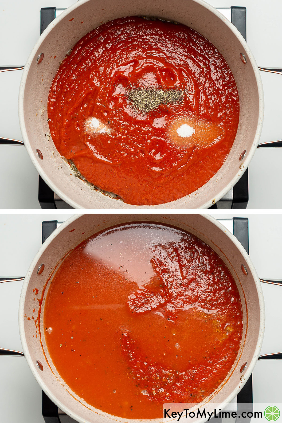 Stirring crushed tomatoes and tomato sauce into the pot.