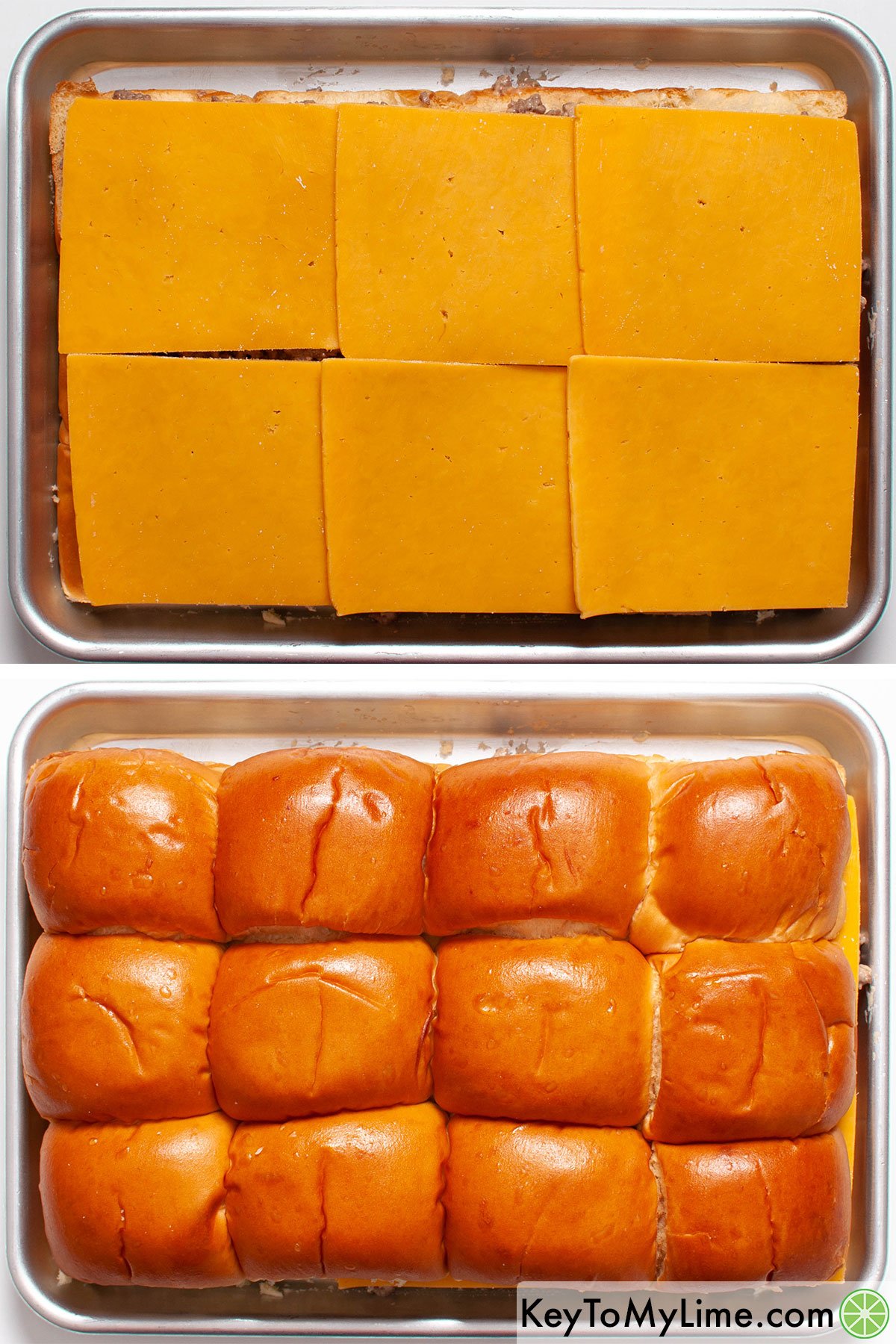 Adding sliced cheese and the tops of the Hawaiian rolls to the sliders.