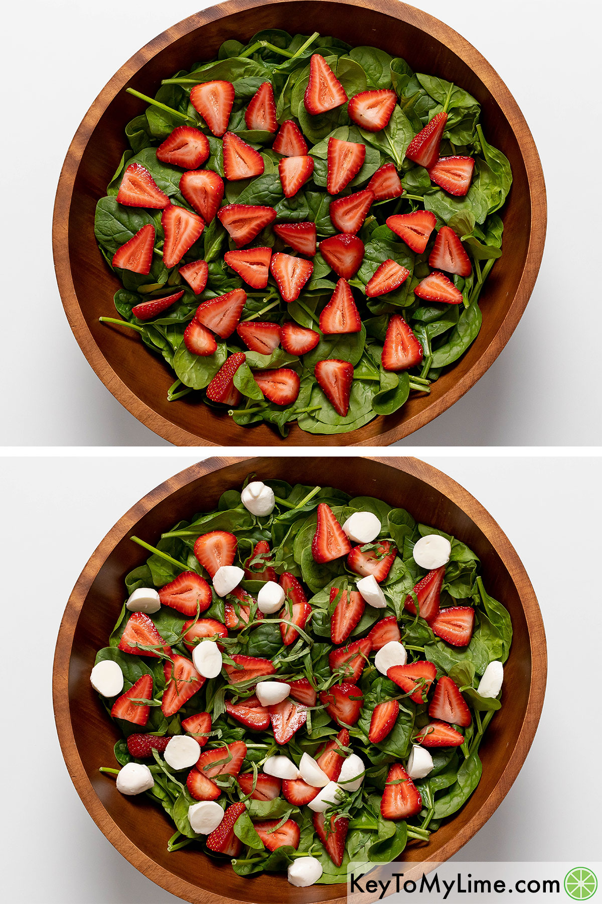 Adding strawberries, mozzarella, and basil to spinach salad.