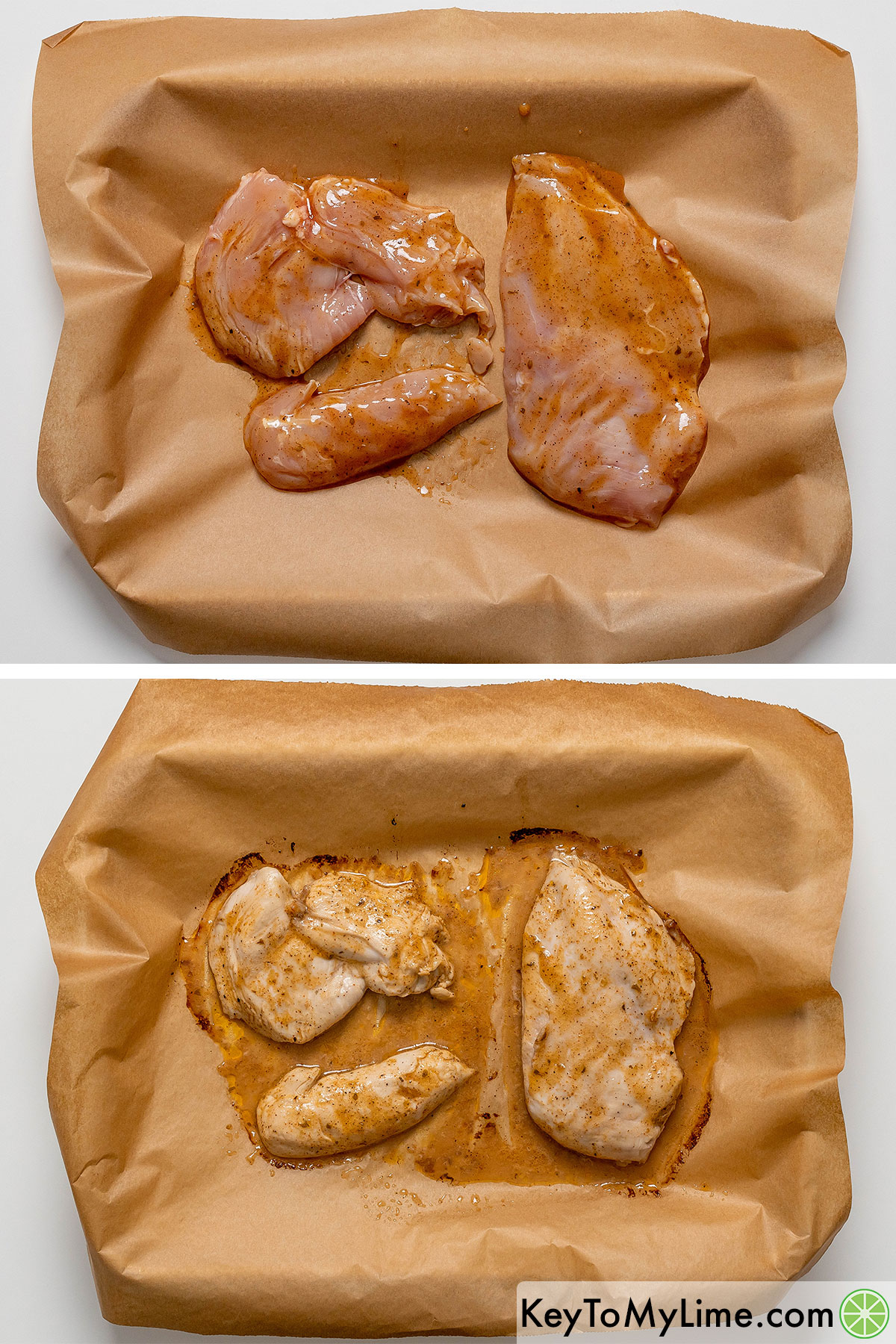 Baking marinated chicken breast.