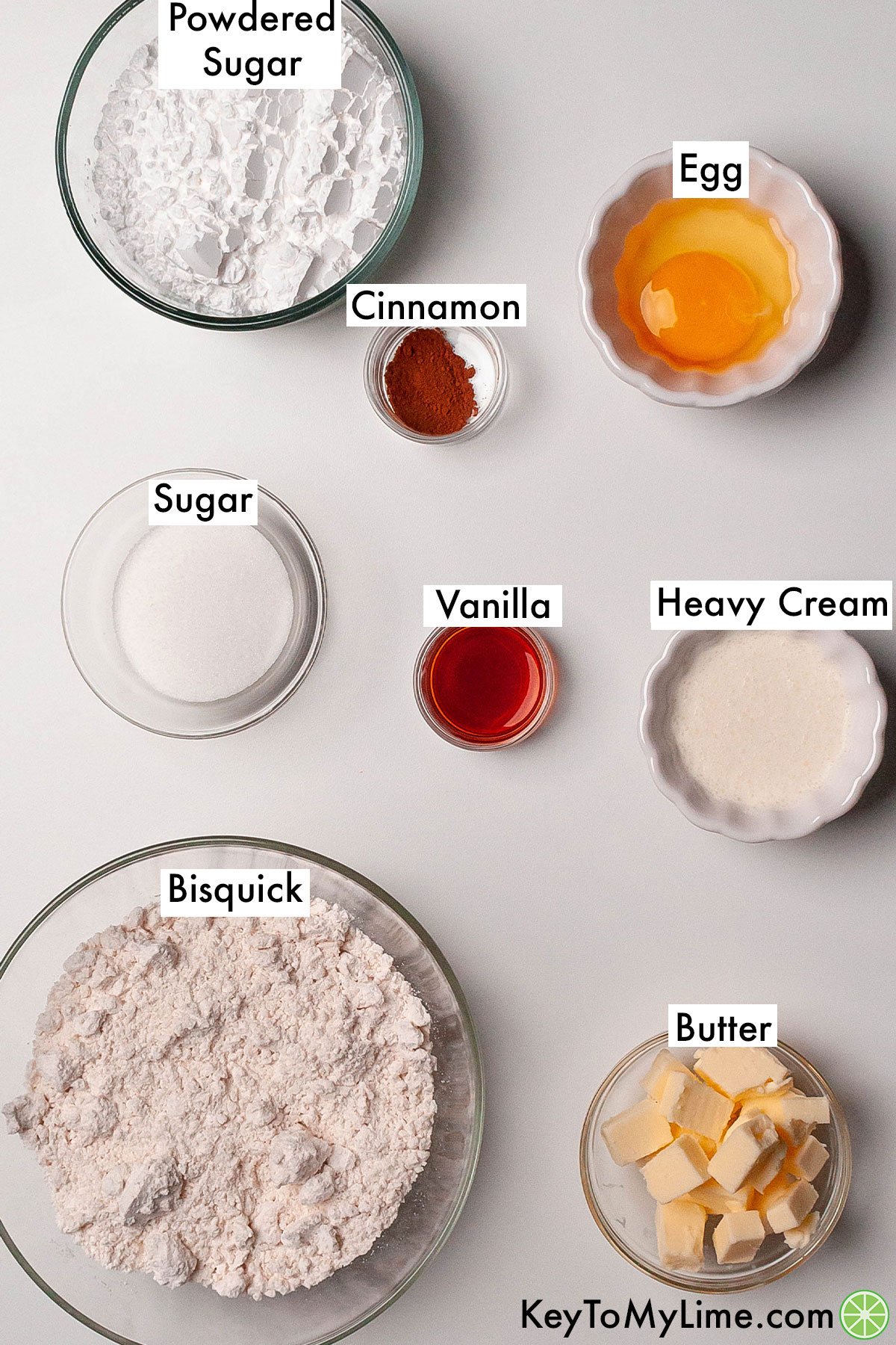 The labeled ingredients for Bisquick scones.