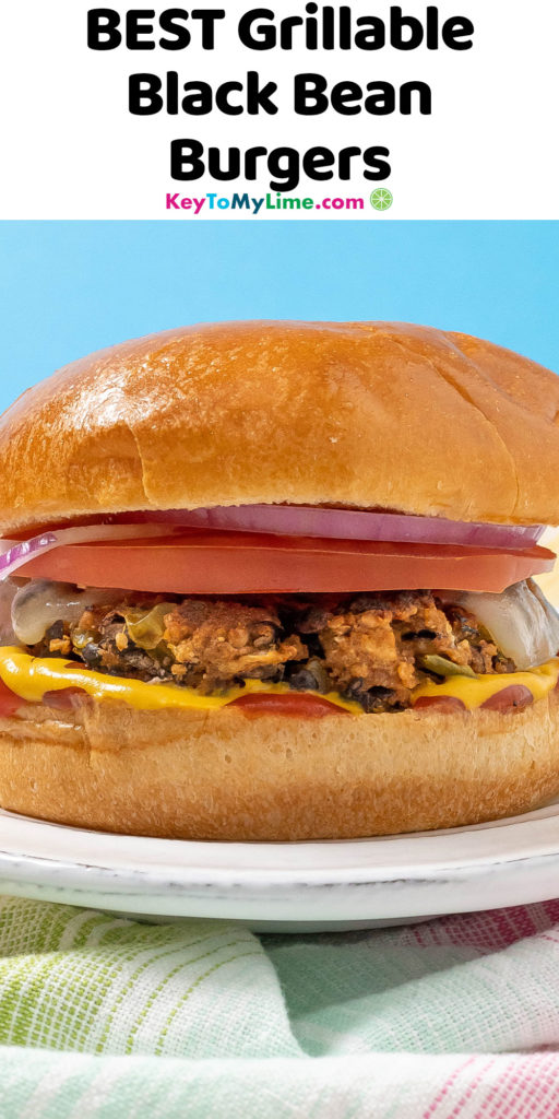A Pinterest pin image of a black bean burger, with title text at the top.