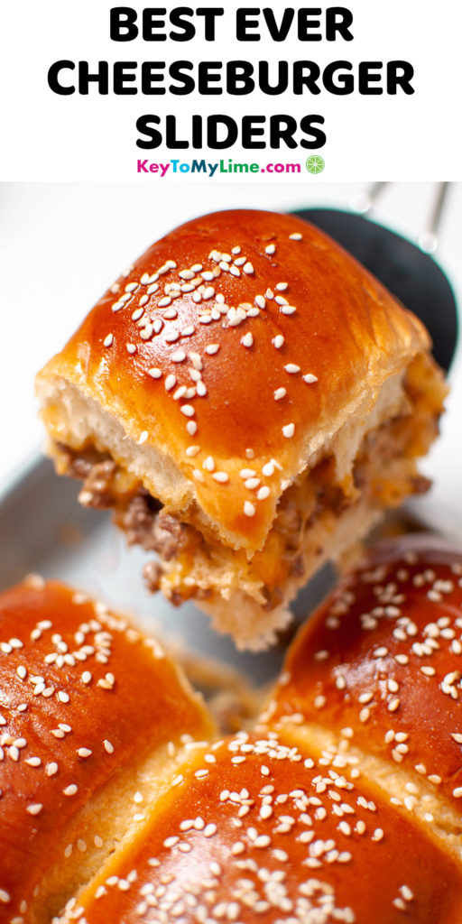 A Pinterest pin image of cheeseburger sliders with title text at the top.