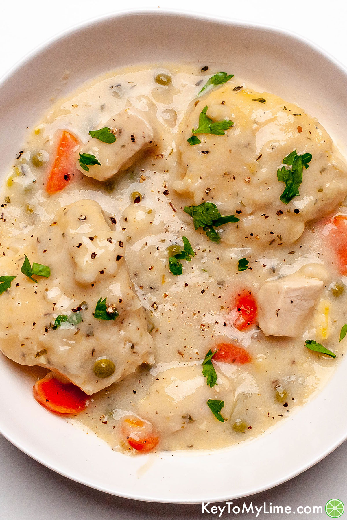 A bowl of chicken and dumplings made with Bisquick dumplings.