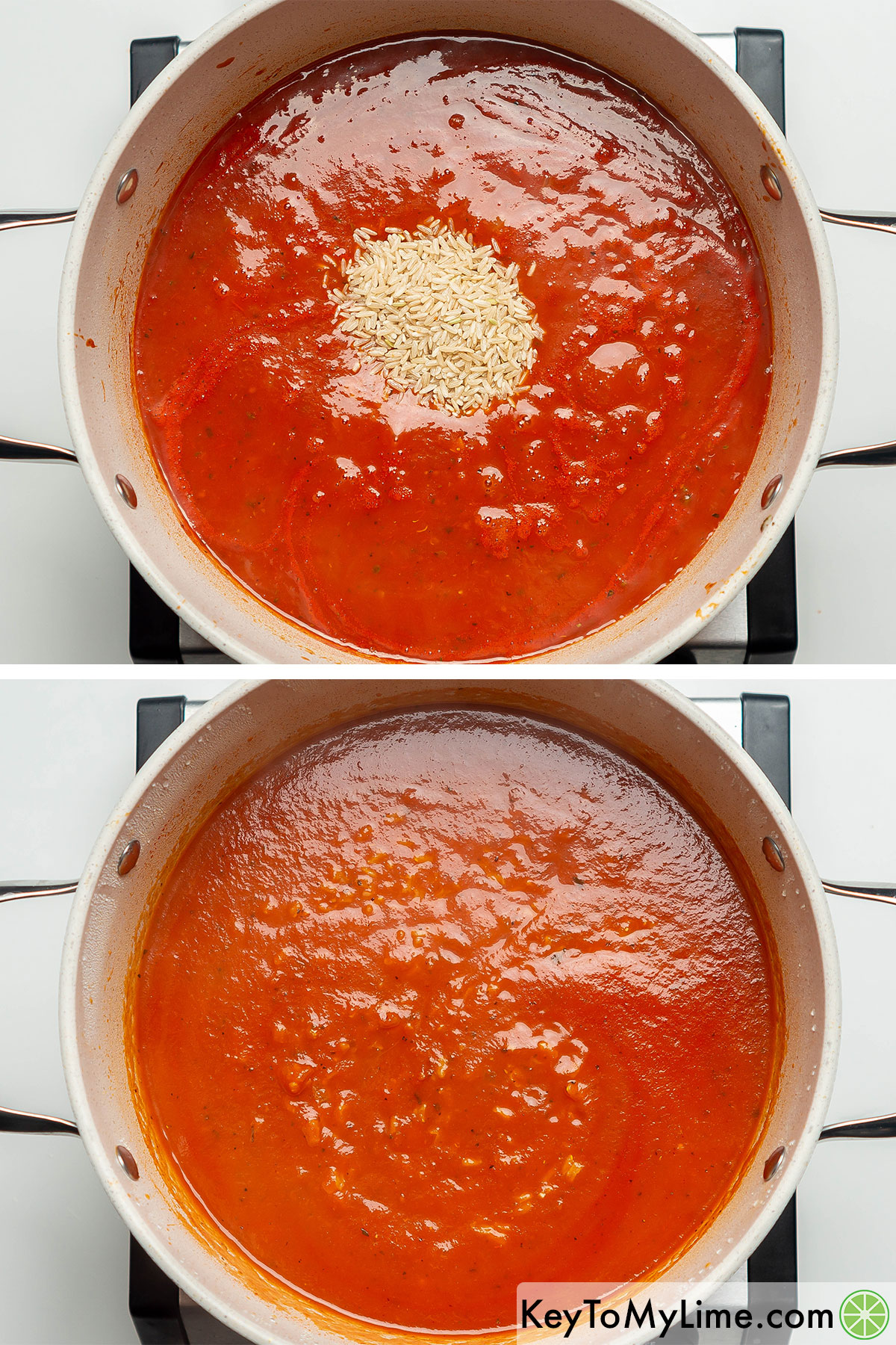Stirring brown rice into tomato soup, then cooking the rice in the soup.
