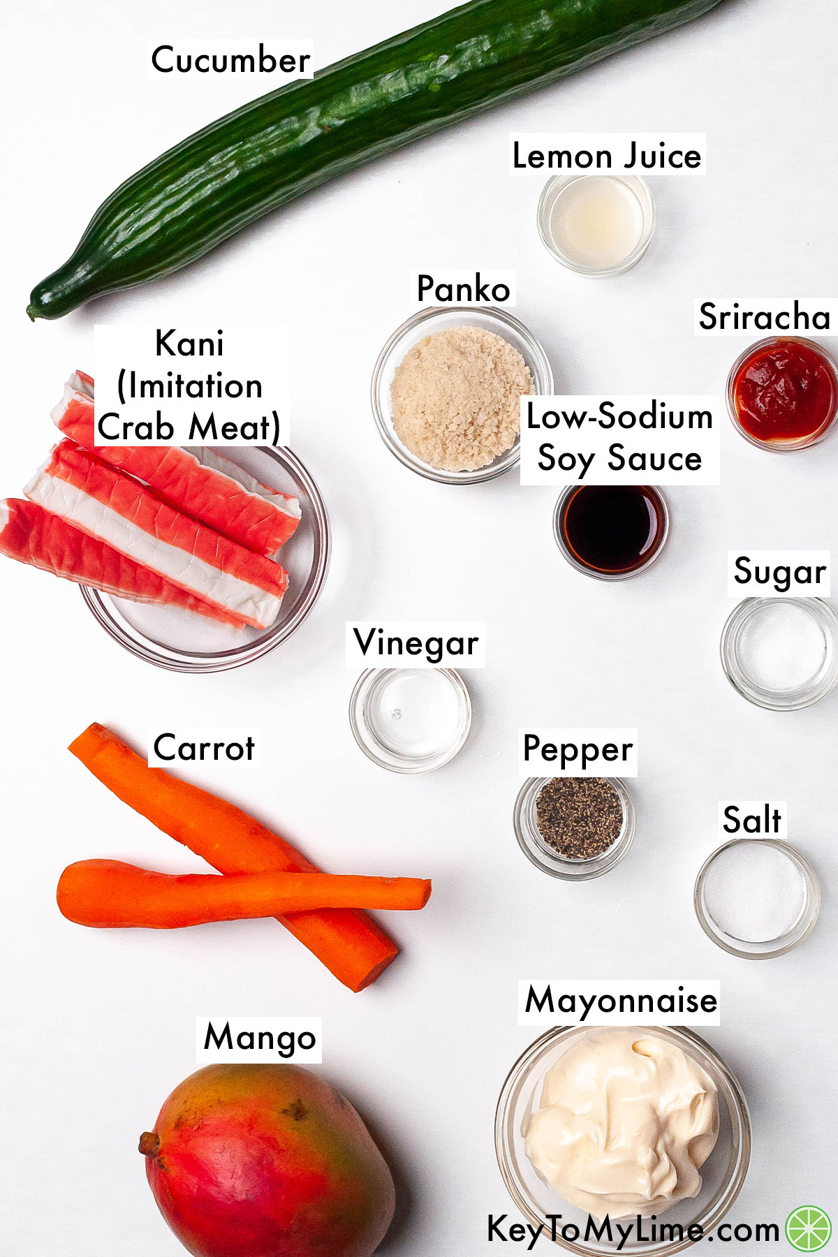 The labeled ingredients for kani salad.