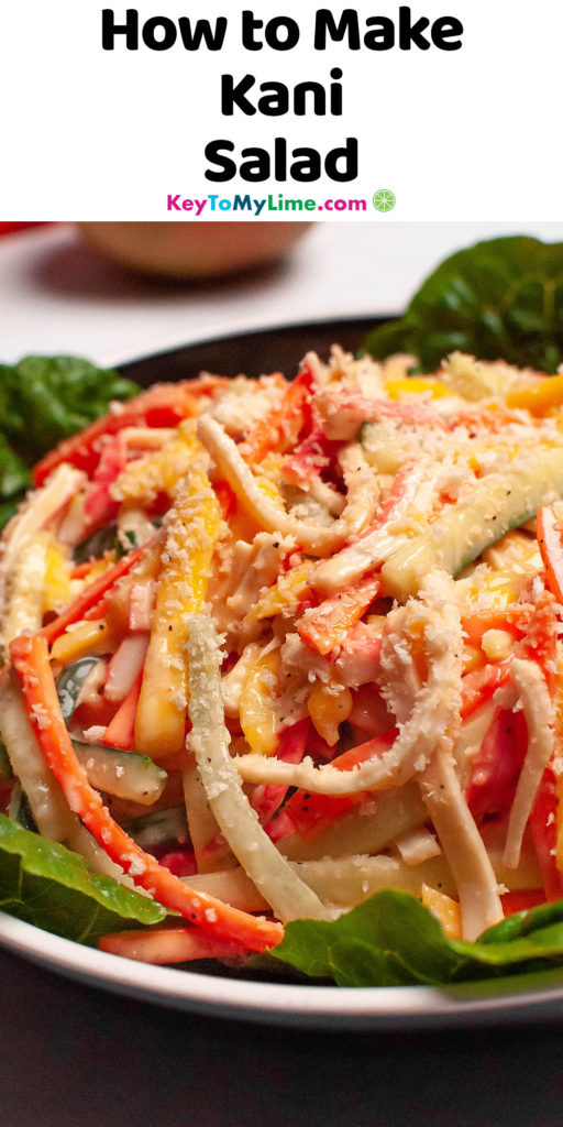 A Pinterest pin image of kani salad, with title text at the top.
