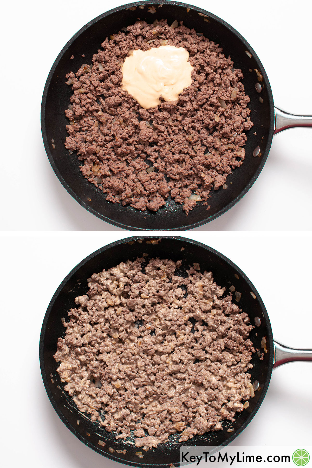 Adding a mayonnaise, ketchup, and mustard sauce into cooked ground beef.