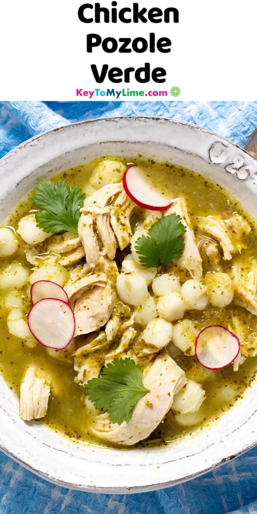 A Pinterest pin image of pozole verde with title text at the top.