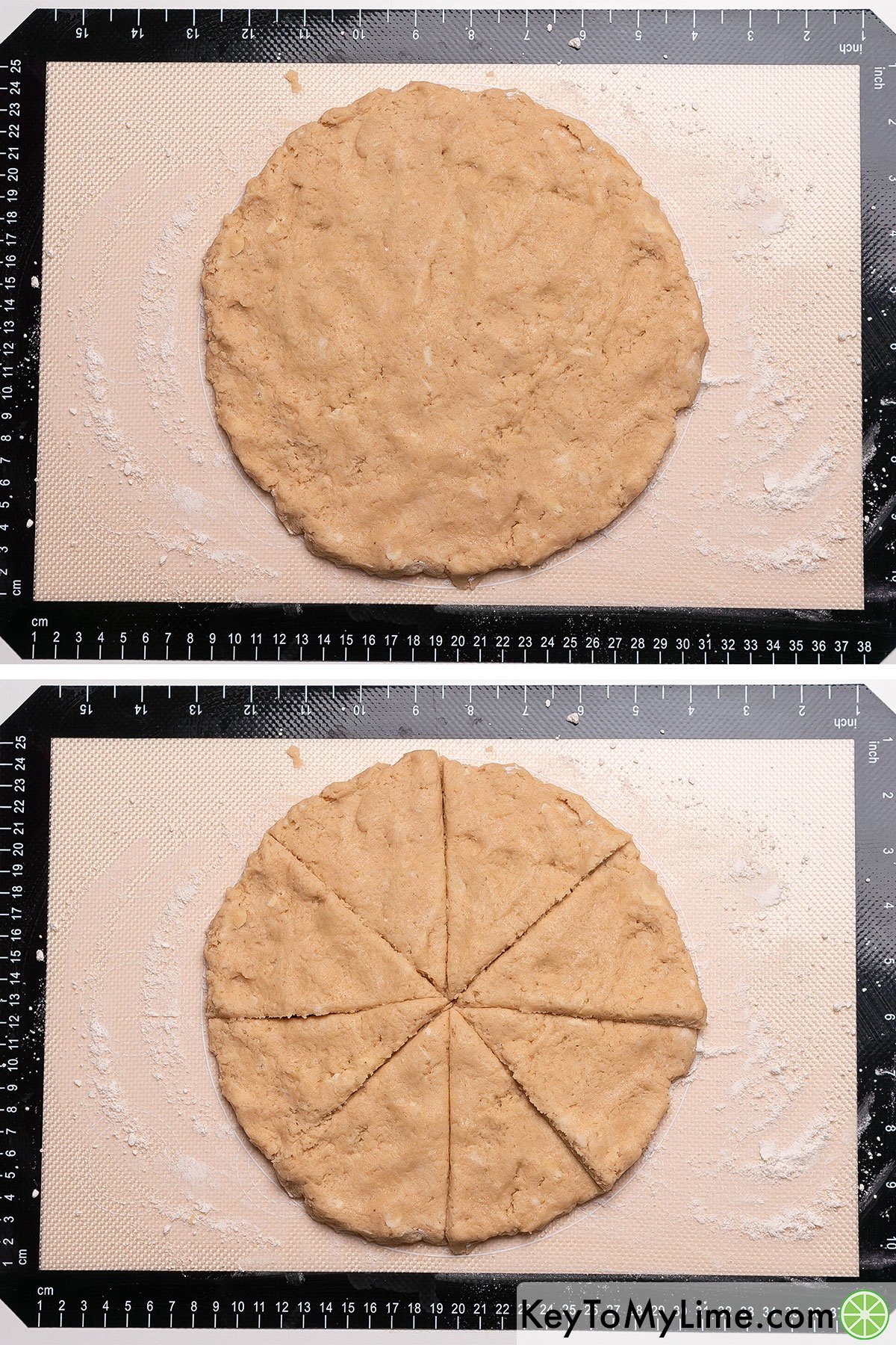 Rolling Bisquick dough out into a disc, then cutting it into 8 equal wedges.