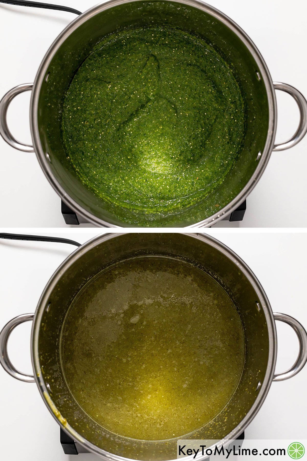 Sauteing a blended tomatillo mixture.