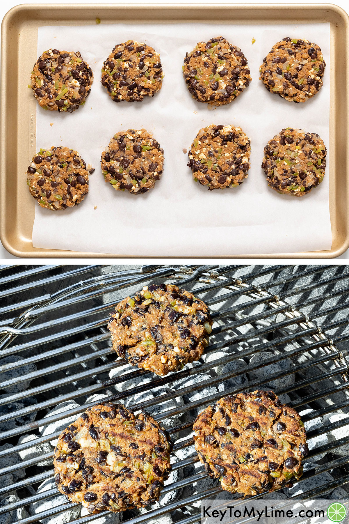 Forming black bean patties and then grilling them.