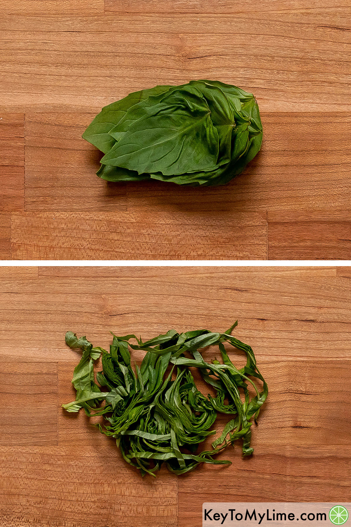 Slicing basil leaves into thin strips.