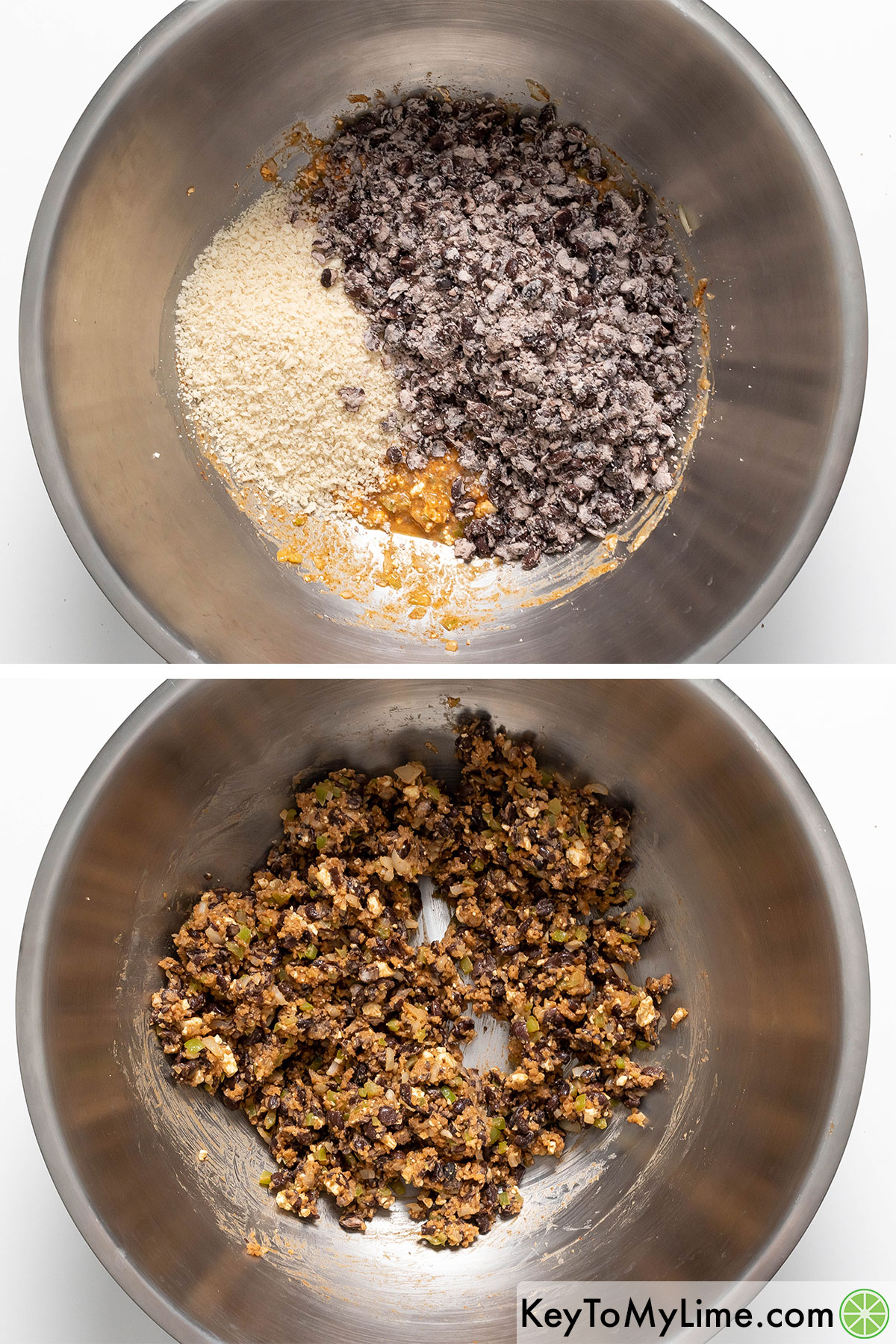 Stirring black beans and panko into the mixture.