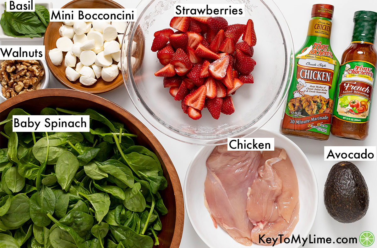 The labeled ingredients for strawberry chicken salad.