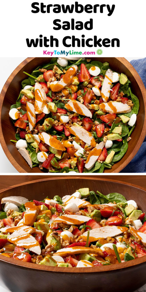 A Pinterest pin image of strawberry chicken salad, with title text at the top.
