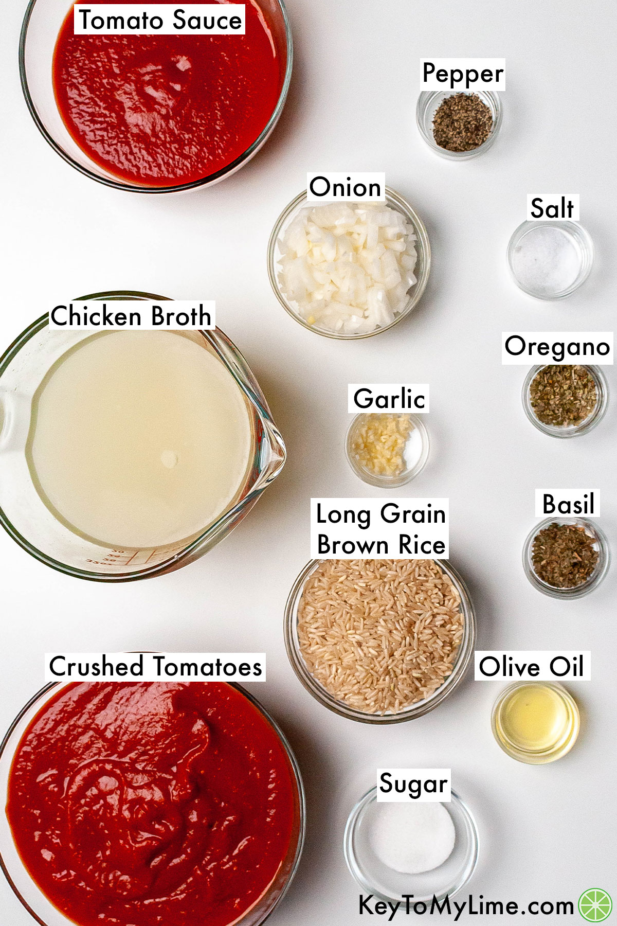 The labeled ingredients for tomato rice soup.