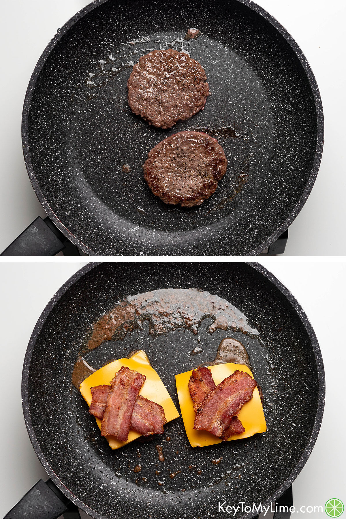 Cooking hamburgers in a skillet, then adding American cheese and cooked bacon slices.