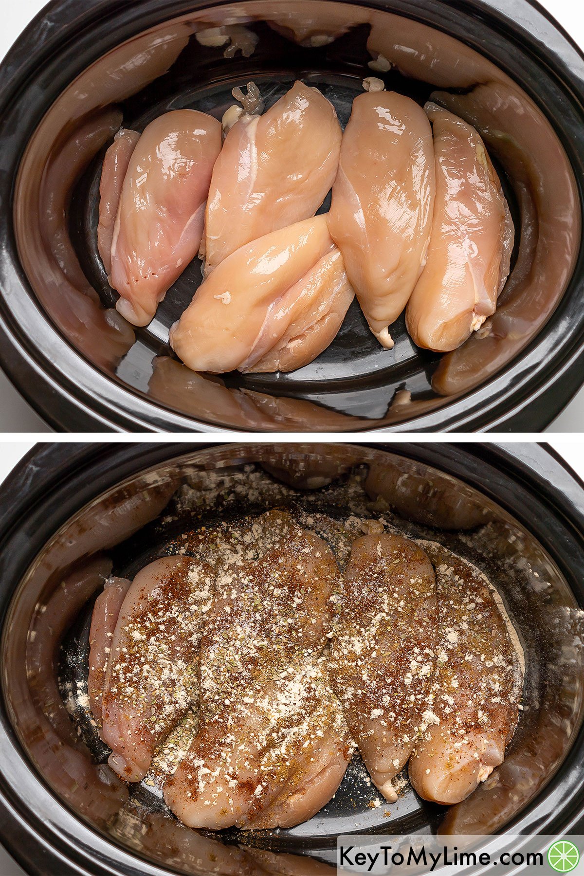 Adding chicken breasts to a slow cooker, then sprinkling spices on top.
