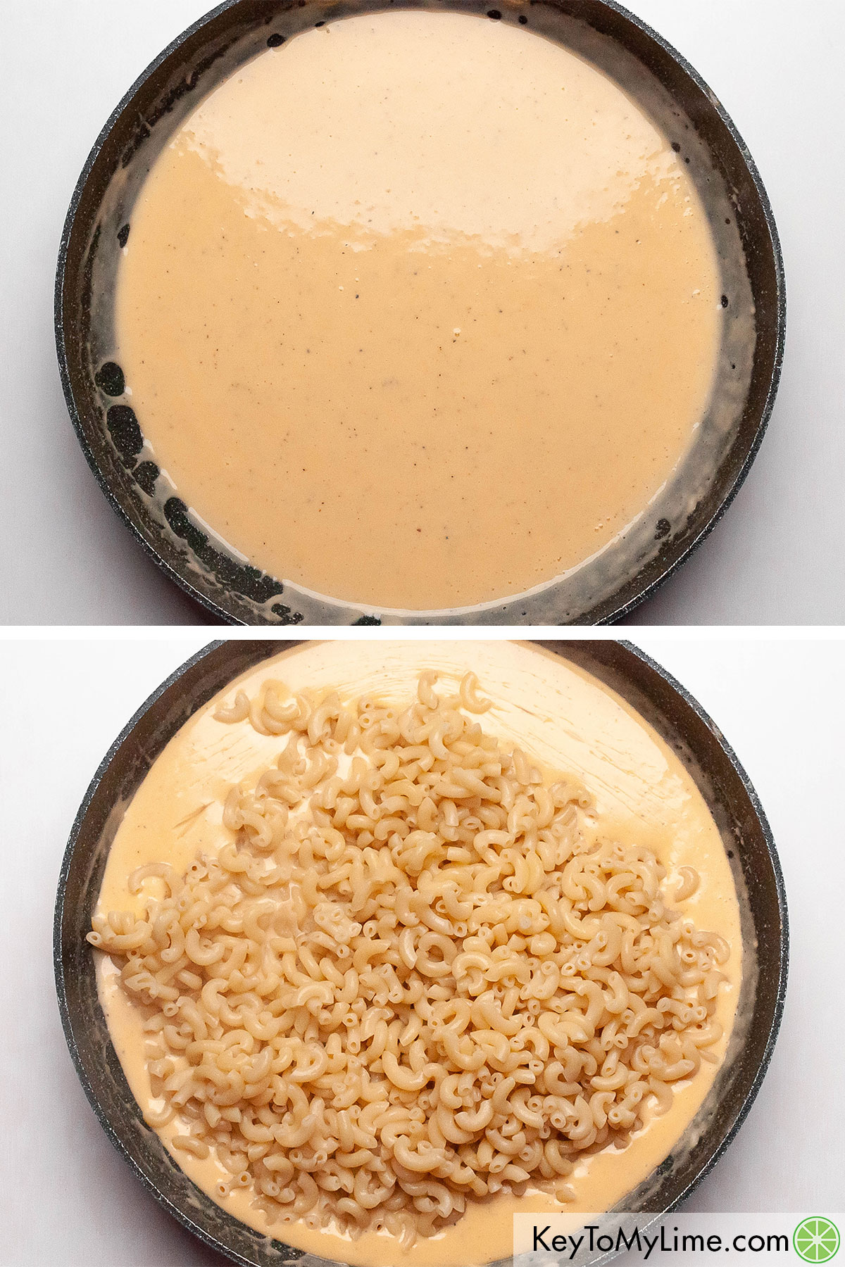 Adding cooked macaroni to creamy mac and cheese sauce.