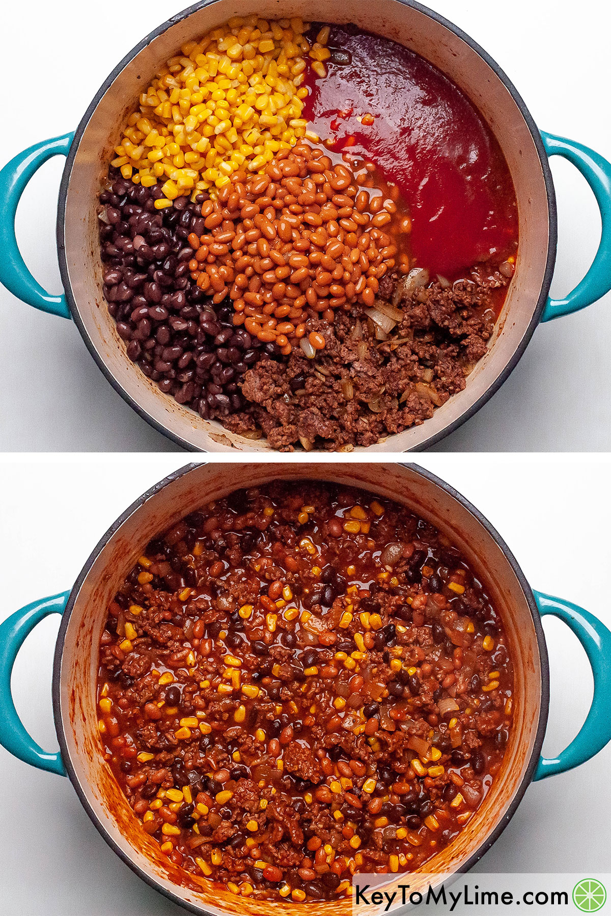 Mixing baked beans, black beans, tomato sauce, and corn into chili.
