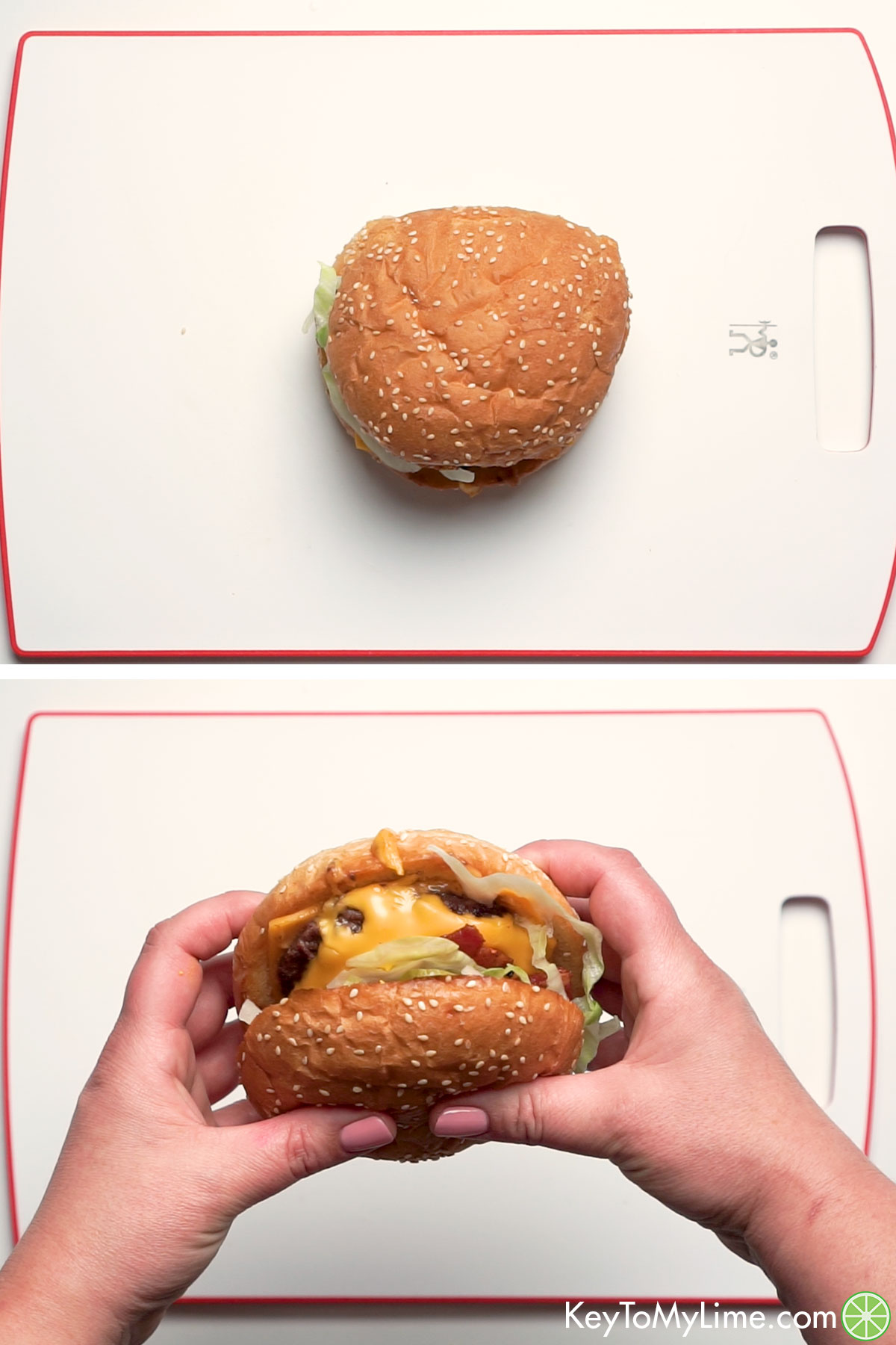Placing the top half of the hamburger bun on top, then picking it up to take a bite.