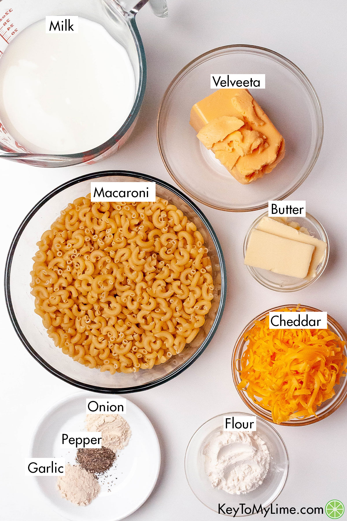 The labeled ingredients for baked mac and cheese with Velveeta.