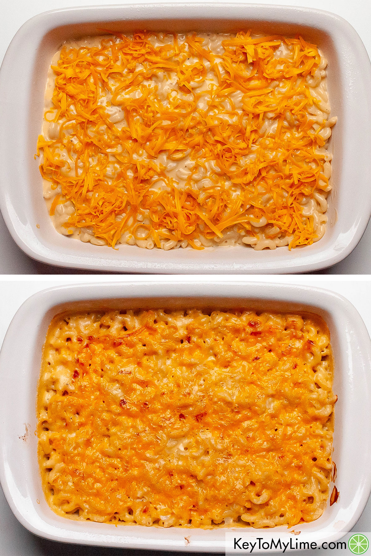 Spreading the mac and cheese out in a casserole dish, then topping it with cheddar cheese, then baking it.