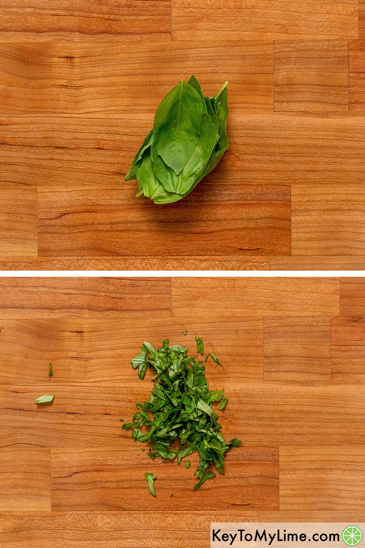 Dicing up a stacked pile of fresh basil leaves.