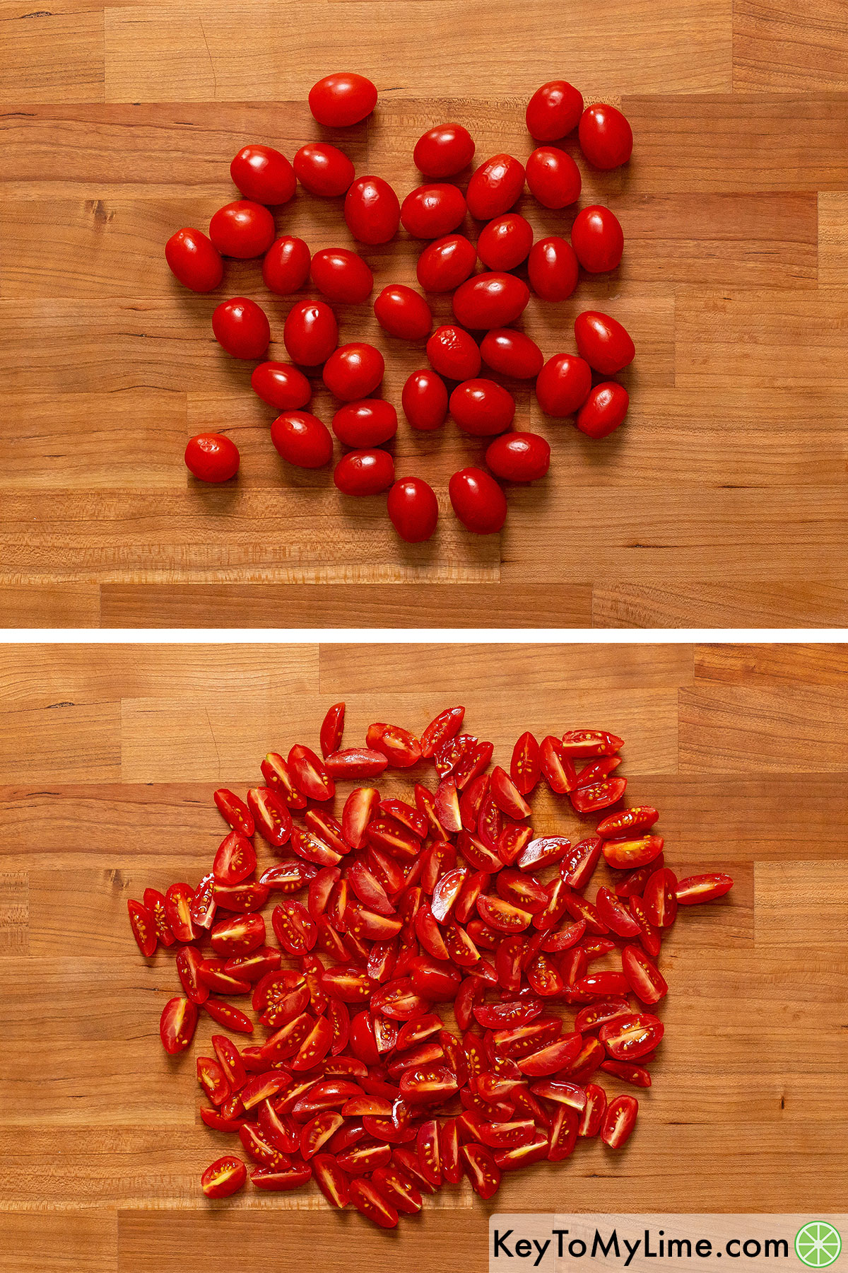Cutting cherry tomatoes into quarters.