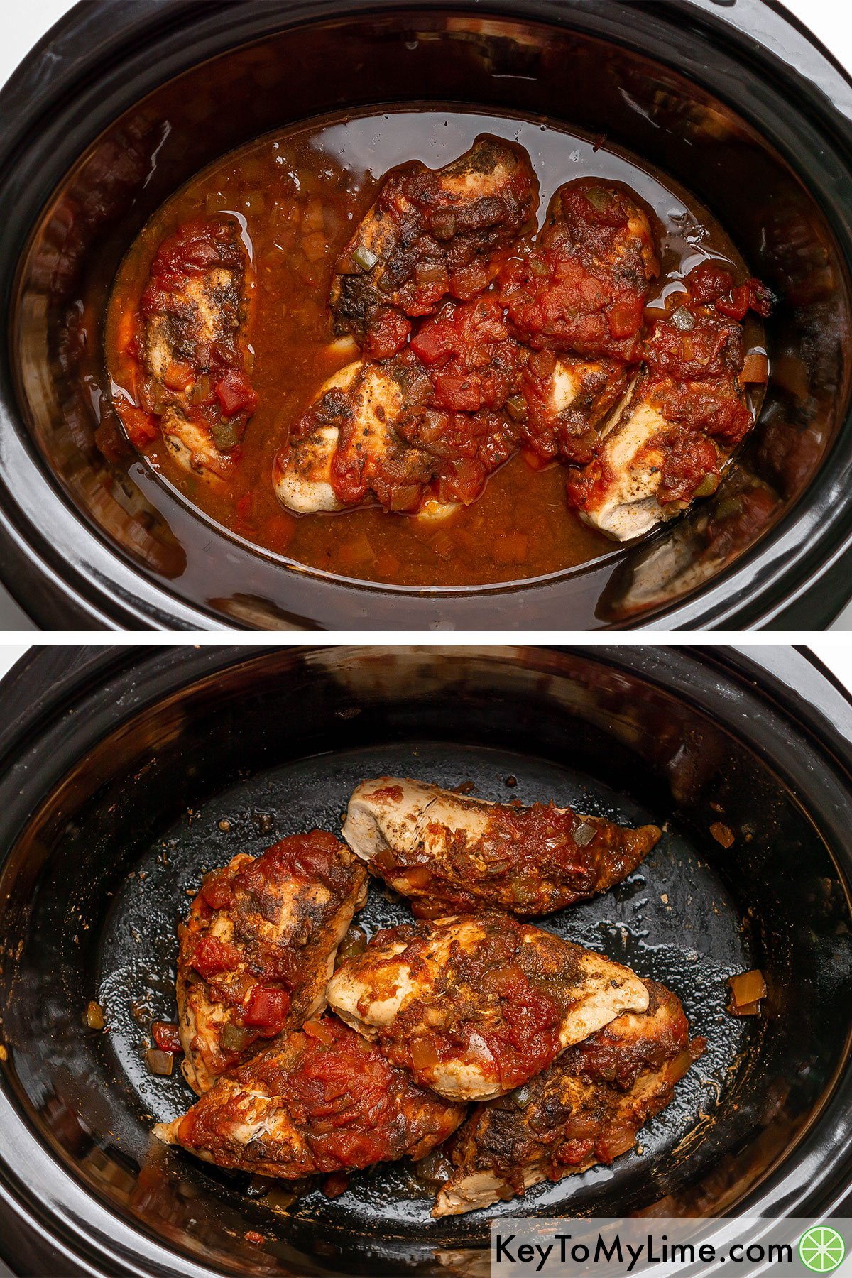 Draining the cooking liquid from the slow cooker, then returning the chicken breasts back to the slow cooker.