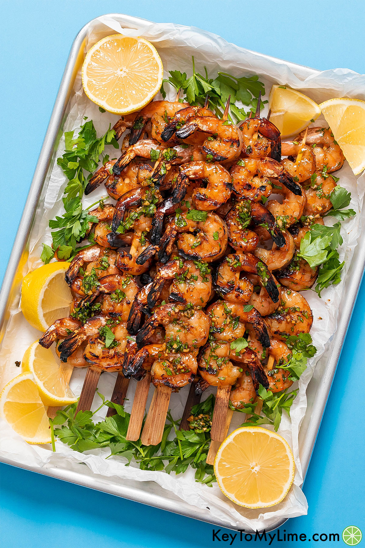The best grilled shrimp kabobs on a blue background.