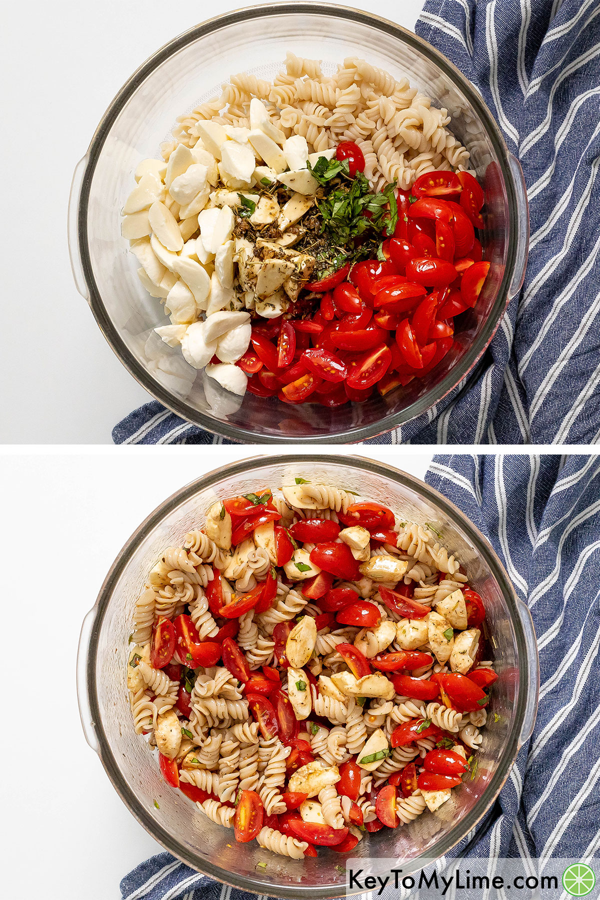 Mixing together caprese pasta salad in a large serving bowl.