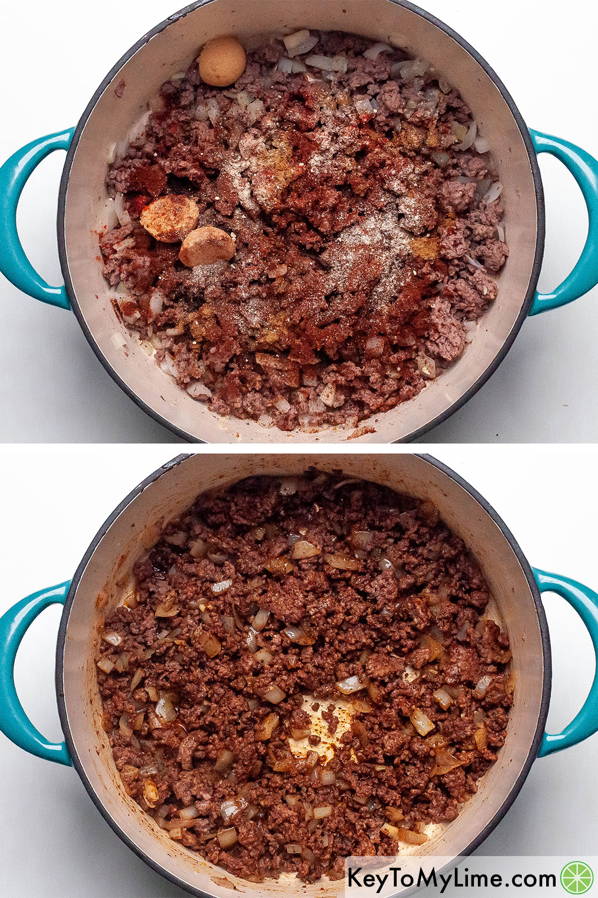 Mixing brown sugar and chili spices into cooked ground beef.